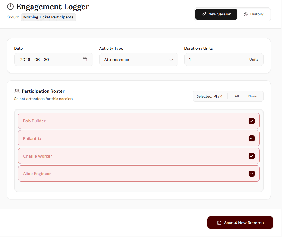 Engagement logger screen